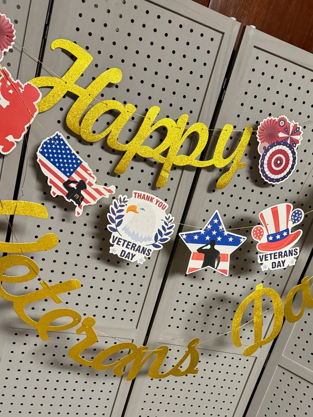 Veterans Day Gold Glitter Banner and Patriotic Garland